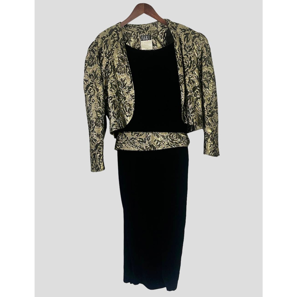 Vintage 80's Joanie Char Black Velvet Dress with Gold Coat and Belt